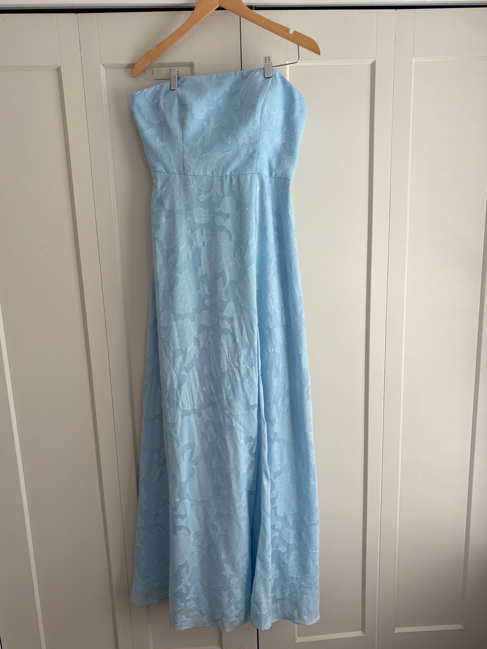Azazie Strapless Sky Blue Floral Jacquard Gown